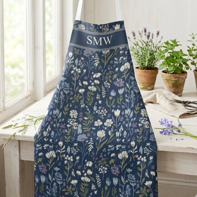 Maritimer Wildblumen-Botanischer Garten Geburtstag Schürze (Navy botanical wildflower apron — a charming birthday gift idea for the home cook or gardener)