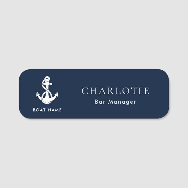 Maritimes Anker Bootsname Marineblauer Mitarbeiter Namensschild (Vorderseite)