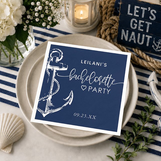 Maritimes Anker Junggesellinnenabschied Navy Blau Serviette (Navy nautical anchor bachelorette party napkin for the seaside bride to be.)