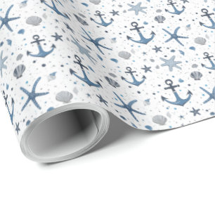 Maritimes Anker Seestern Blau-Weiß Geschenkpapier