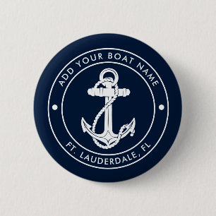 Maritimes Anker und Bootsname Navy Blau Custom Button