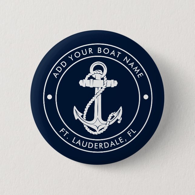 Maritimes Anker und Bootsname Navy Blau Custom Button (Vorderseite)