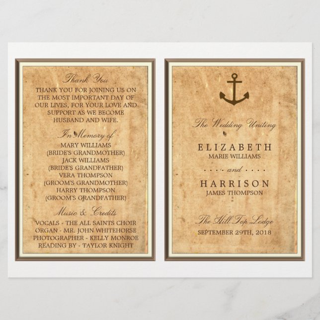 Maritimes Anker Vintage-Papier Hochzeitsprogramm (Vorderseite)
