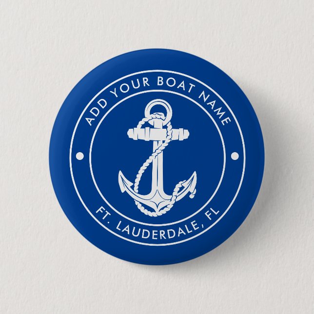 Maritimes Ankerboot und Name Blau Custom Button (Vorderseite)