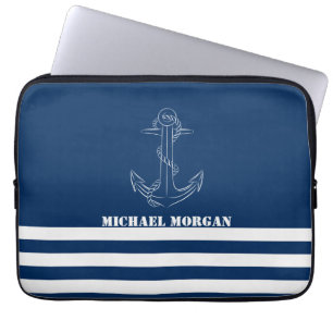 Maritimes Ankersymbol mit navyblauen Streifen Laptopschutzhülle