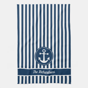 Maritimes Ankersymbol mit Seil auf navyblauen Stre Geschirrtuch