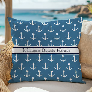Maritimes Blau-Weiß-Anker-Muster Name Kissen