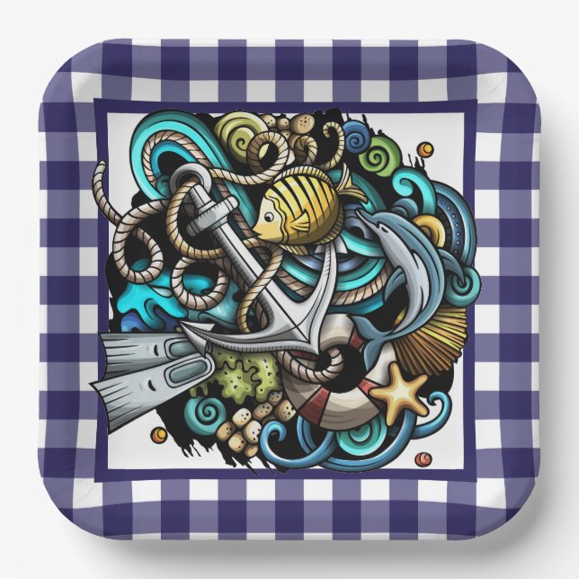 Maritimes blaues Gingham-Papierteller Pappteller (Vorderseite)