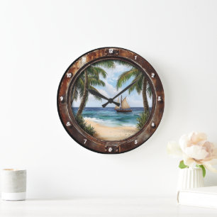 Maritimes Fenster Küstenresort Rustikaler Strand Große Wanduhr