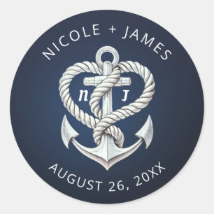 Maritimes Herz Seil Anker Küste Navy Hochzeit Runder Aufkleber