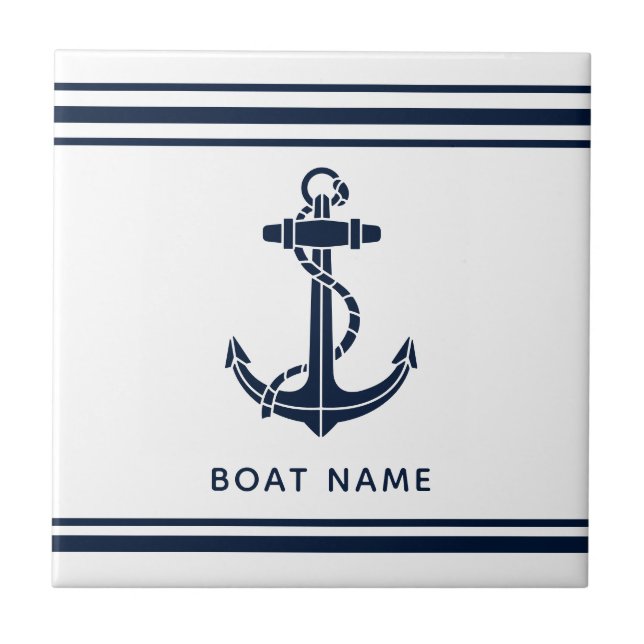 Maritimes Marineblaues Anker-Boot-Name Benutzerdef Fliese (Vorderseite)