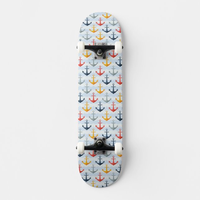 Maritimes Muster mit Ankern Skateboard (Vorderseite)