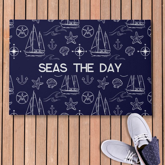 Maritimes Navy Blau Segelboot Mustername  Fußmatte (Von Creator hochgeladen)