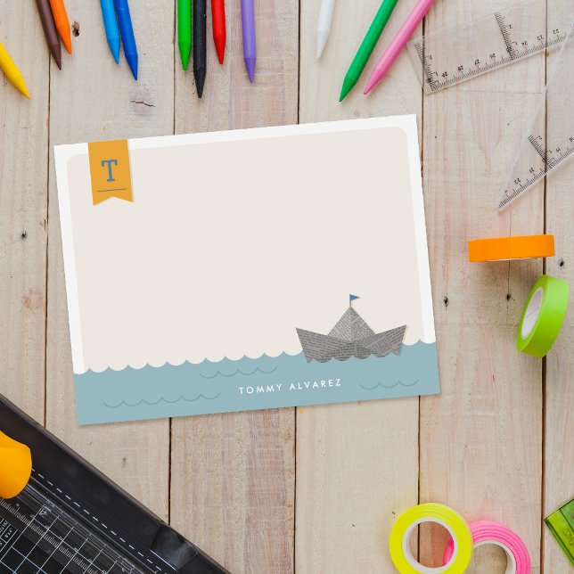 Maritimes Papierboot-Monogramm-Flagge Kinder-Schre Einladung (Von Creator hochgeladen)