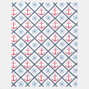 Maritimes Schiff Anker & Steuerrad Navy Blau Roter Fleecedecke