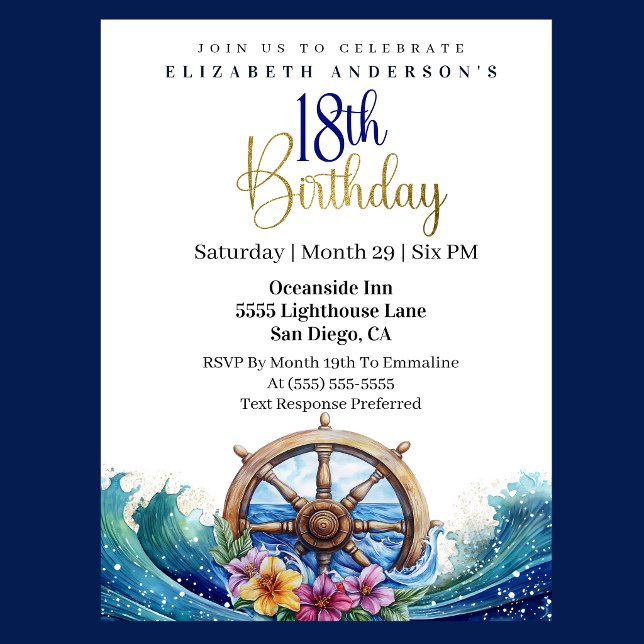Maritimes Steuerrad 18. Geburtstag Einladung (Nautical sailing wheel 18th birthday invitation with ocean waves and tropical flowers
)