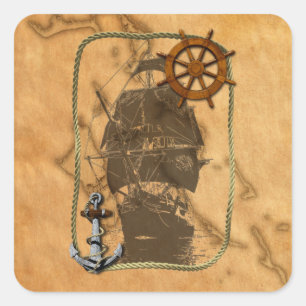 Maritimes Vintage-Schiff und Karte Quadratischer Aufkleber