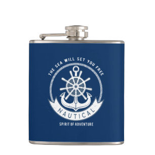 Maritiver Geist Anker,Steuerrad, Marineblau Flachmann