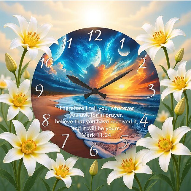 Mark 11:24 Cross Sunset Ocean Calm Große Wanduhr (Von Creator hochgeladen)