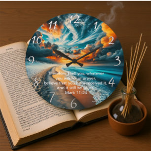 Mark 11:24 Cross Sunset Ocean Faith Große Wanduhr