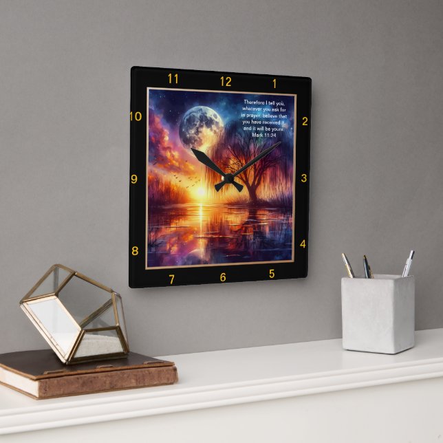 Mark 11:24 Glaubensausdruck: Personalisierter Zuha Quadratische Wanduhr (Büro)