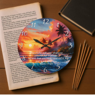 Mark 11:24 Inspirierend Cross Sunset Ocean Große Wanduhr
