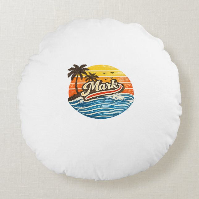 Mark Retro Sunset Name Design Rundes Kissen (Vorderseite)