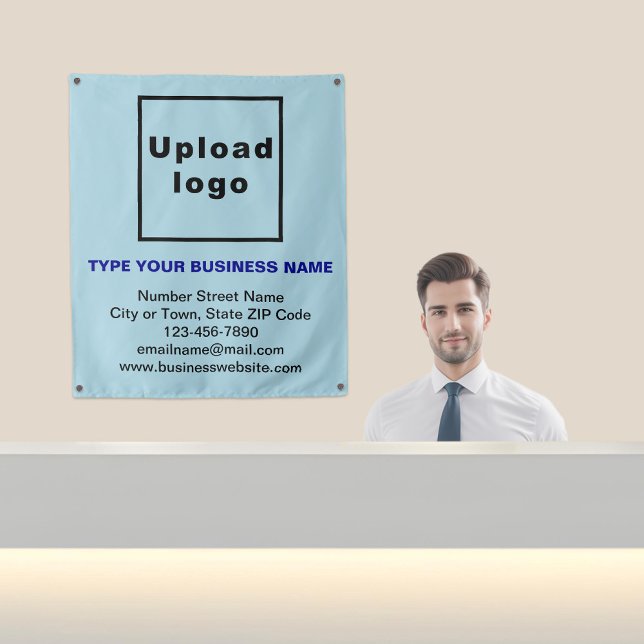 Markenbezeichnung für hellblaue Tapestry Wandteppich (Business brand on light blue tapestry in reception.)