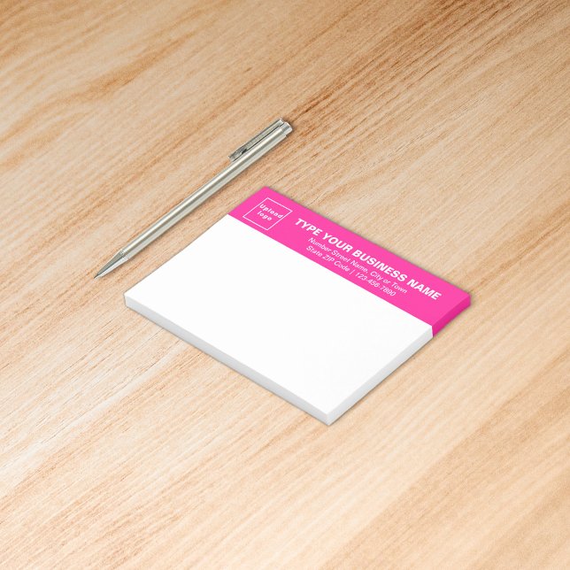 Markenbezeichnung für Unternehmen in rosa Position Post-it Klebezettel (Build brand name awareness. Your business brand on pink heading of rectangle sticker.)