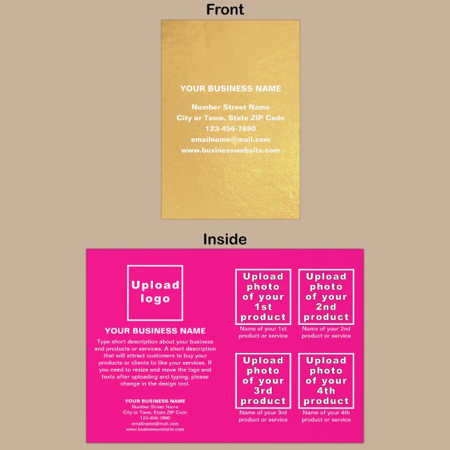 Markenbezeichnung "Rosa Farbe" auf "Foil Card" Folienkarte (Your business brand on card with gold foil background. Pink background inside.)