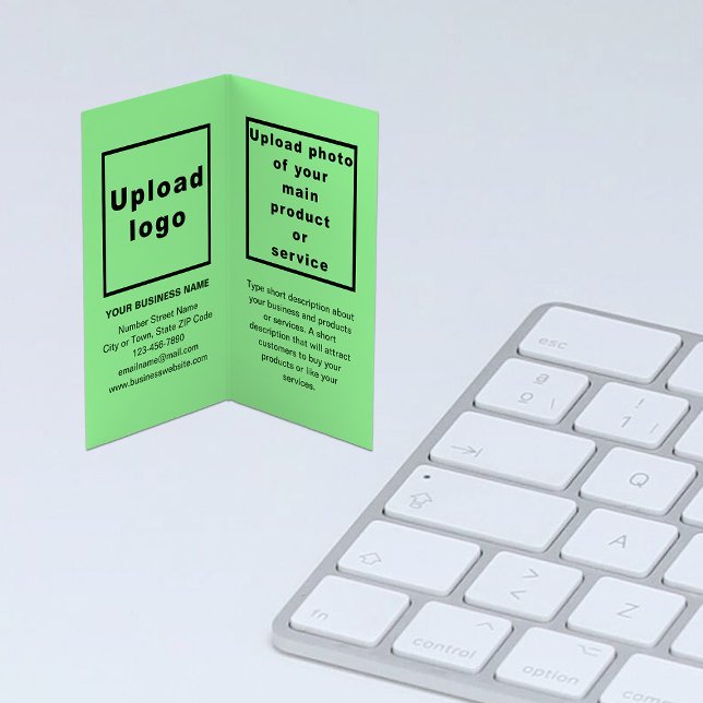 Markenbezeichnung und Produkt auf leicht grün gekl Visitenkarten (Light green folded business card with your brand and product)