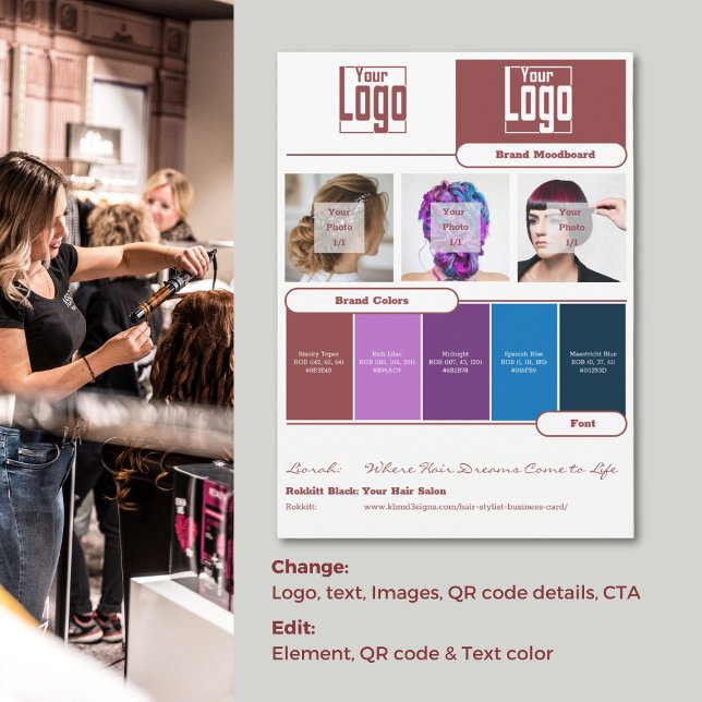 Markenmoodboard-Karte für Haarstühle - Markenkennz Einladung (Hair Stylist Brand Moodboard Card - Brand Identity)
