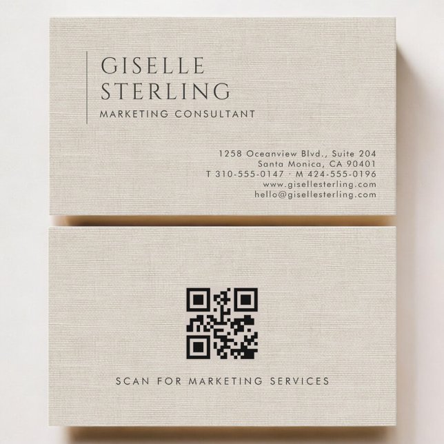 Marketing Consultant Luxury Neutral Linen QR Code Visitenkarte (Von Creator hochgeladen)