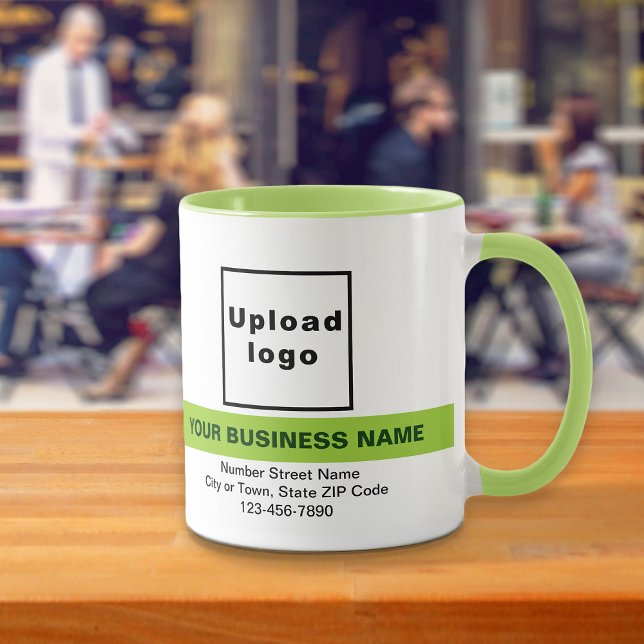 Markierter Firmenname auf der Combo-Tasse von Lime Tasse (Your business name with highlight, logo, address and phone number on lime green combo mug.)
