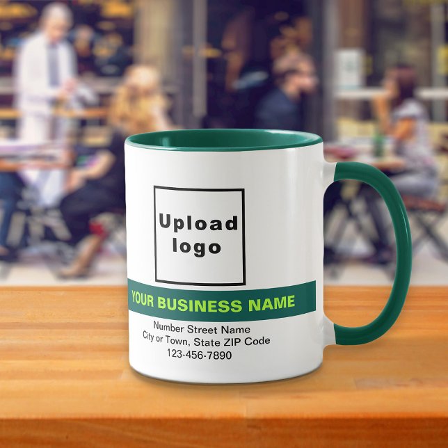 Markierter Firmenname auf Jäger Green Combo Tasse (Your business name with highlight, logo, address and phone number on hunter green combo mug.)