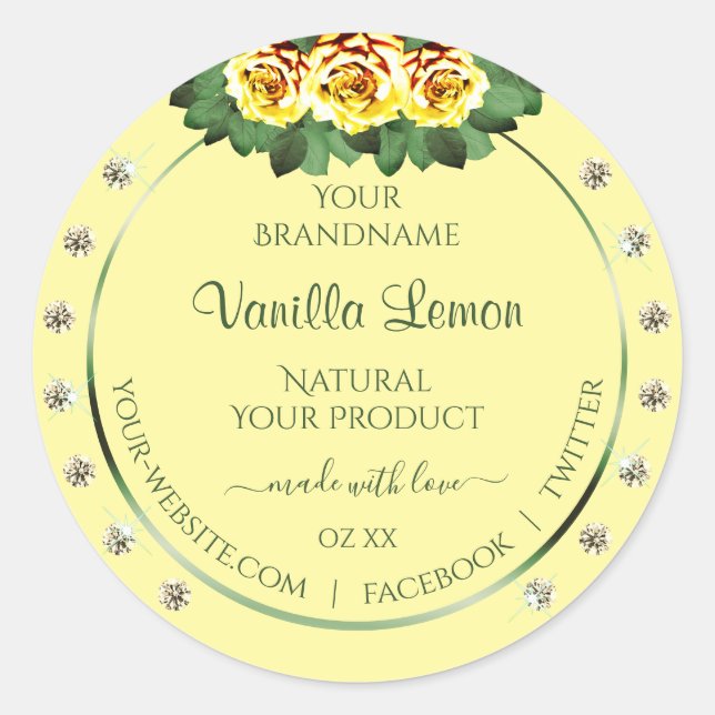 Markierungen für helle Cremes, gelbe Rosen Diamant Runder Aufkleber (Vorderseite)