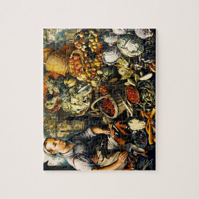 Markt Frau mit Obst/Gemüse Puzzle mit Zinn (Vertikal)