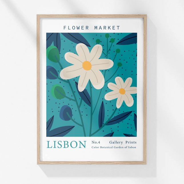 Markt für Retro-Blume Lissabon Abstrakte Blume Poster (Retro Flower Market Lisbon Abstract Flowers Poster in a wooden frame on a sunny wall.)