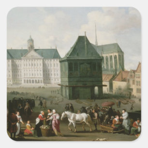 Marktszene vor dem Dam Palace, Amsterdam Quadratischer Aufkleber
