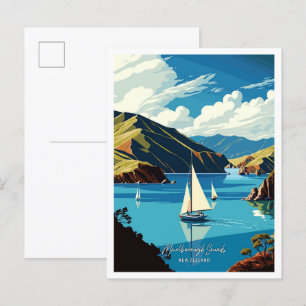 Marlborough Sounds Art Vintage-Reiseillustration Postkarte