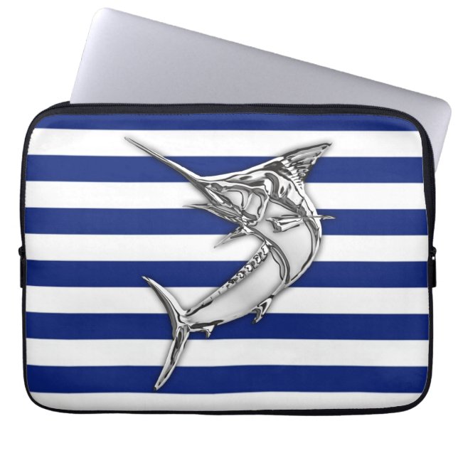 Marlin Fish Chrome auf nautischen Streifen Laptopschutzhülle (Vorderseite)