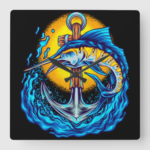Marlin Fish mit Anchor Quadratische Wanduhr