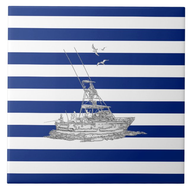 Marlin Fishing Chrome auf nautischen Streifen Fliese (Vorderseite)