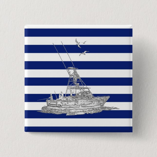 Marlin Fishing Chrome auf Navy Stripes Button (Vorderseite)