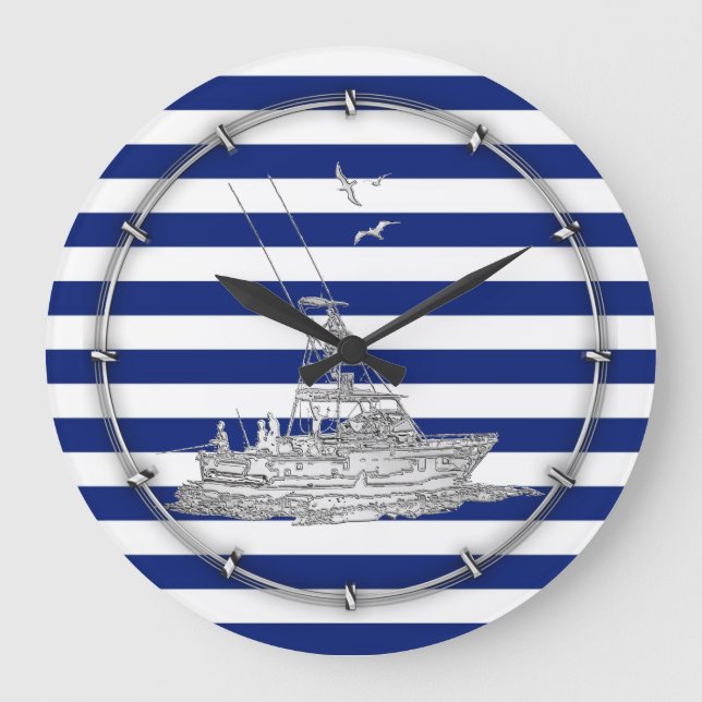 Marlin Fishing Chrome auf Navy Stripes Große Wanduhr (Vorderseite)
