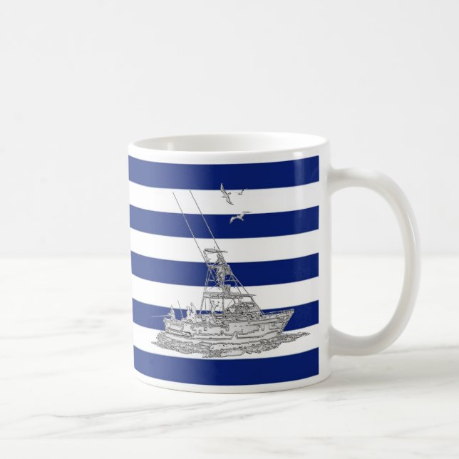 Marlin Fishing Chrome auf Navy Stripes Kaffeetasse (Rechts)