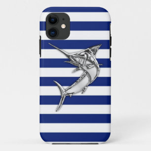 Marlin Swordfish Chrome on Nautical Stripes iPhone 11 Hülle