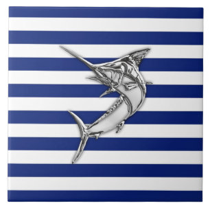 Marlin Swordfish Chrome Style auf nautischen Strei Fliese