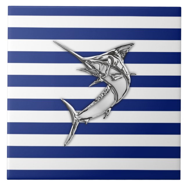 Marlin Swordfish Chrome Style auf nautischen Strei Fliese (Vorderseite)