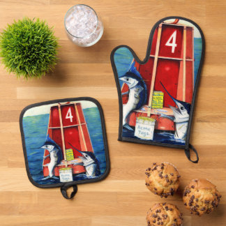 Marlins an der Boje Ofenhandschuh & Topflappen-Set